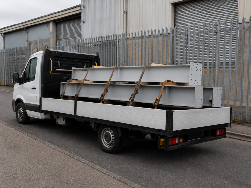 Long steel engineering parts strapped safely on a flatbed van